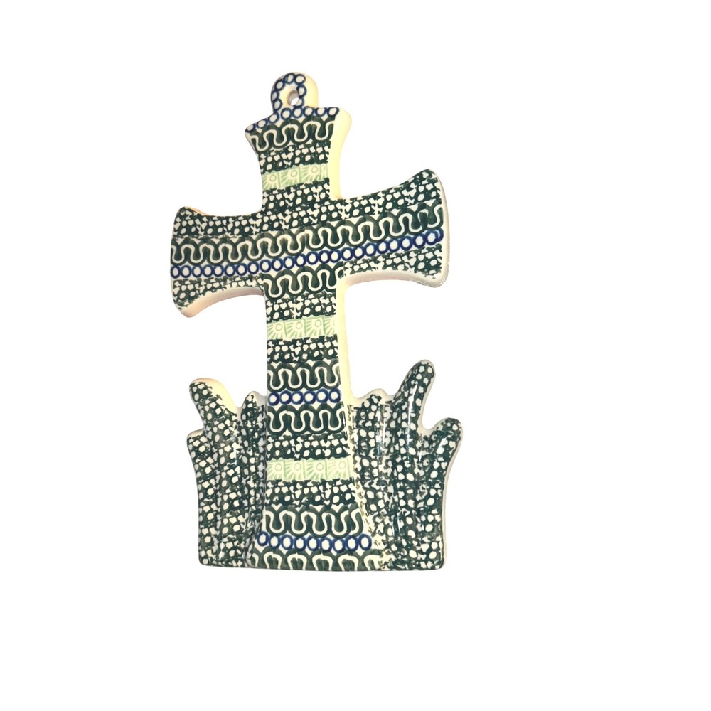 Polish Pottery Ceramic Wall Cross Hand Made Poland J.K.-43 Green Blue Folk Art